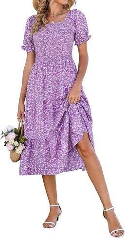 Younrui Spring Dresses for Women 2026 Casual Easter Floral Sundresses Smocked Square Neck Midi Long Dress with Pockets in Saudi Arabia