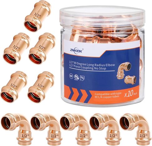 (Znkiok) 3/4" Press Fittings,5Pcs 3/4" Press Coupling No Stop And 5Pcs 3/4" Press 90 Degree Long Radius Elbow For Copper Tube Connection,Zero Lead,UPC,NSF/ANSI61. in Kuwait