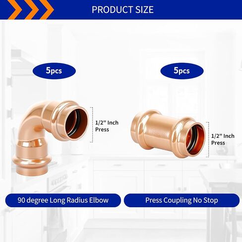 (Znkiok) 3/4" Press Fittings,5Pcs 3/4" Press Coupling No Stop And 5Pcs 3/4" Press 90 Degree Long Radius Elbow For Copper Tube Connection,Zero Lead,UPC,NSF/ANSI61. in Kuwait