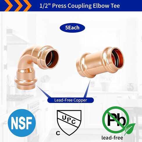 (Znkiok) 3/4" Press Fittings,5Pcs 3/4" Press Coupling No Stop And 5Pcs 3/4" Press 90 Degree Long Radius Elbow For Copper Tube Connection,Zero Lead,UPC,NSF/ANSI61. in Kuwait