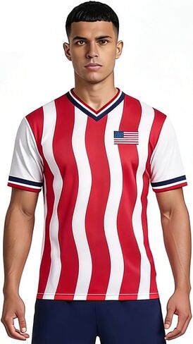 Men's USA Flag Soccer Jersey, Red and White Striped, V-Neck, Short Sleeve, Sizes S-2XL in Saudi Arabia