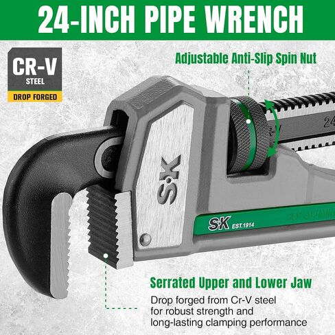 مفتاح ربط أنابيب احترافي عالي التحمل مقاس 24 بوصة مع فك مسنن لقبضة مضادة للانزلاق، مقبض ألومنيوم خفيف الوزن، رأس فولاذي Cr-V مزورة، صامولة تدور قابلة للتعديل، سعة الفك من 1/2 إلى 3 بوصات in Kuwait