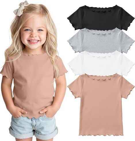 4 Pack Toddler Girls Shirts Baby T-Shirt | Short Sleeve Tops, Boat Neck, Basic Tees, Summer, Cute, Easy to Pair, Breathable, Back to School, Baby Girls Clothes, Soft in Saudi Arabia