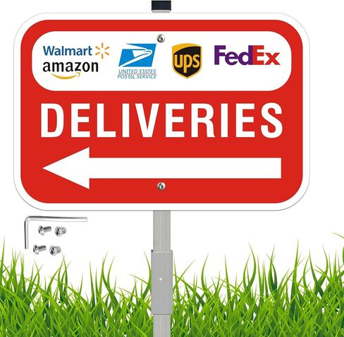 Package Deliveries Sign with Left Direction Arrow, 12x8 Inch Aluminum Metal Sign with 28" Stake, Rust-Free, Outdoor Use, Delivery Instruction for Amazon FedEx USPS UPS Packages in Kuwait