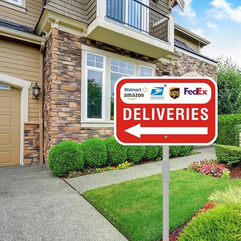 Package Deliveries Sign with Left Direction Arrow, 12x8 Inch Aluminum Metal Sign with 28" Stake, Rust-Free, Outdoor Use, Delivery Instruction for Amazon FedEx USPS UPS Packages in Kuwait