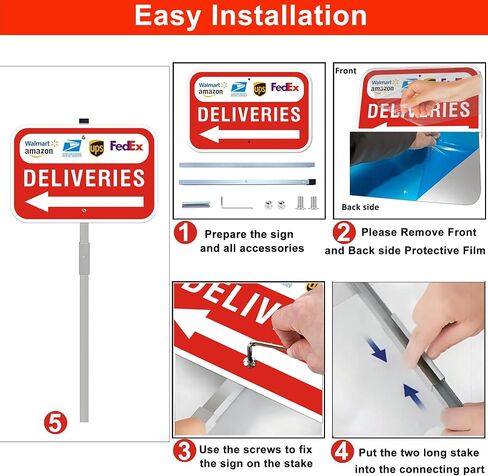 Package Deliveries Sign with Left Direction Arrow, 12x8 Inch Aluminum Metal Sign with 28" Stake, Rust-Free, Outdoor Use, Delivery Instruction for Amazon FedEx USPS UPS Packages in Kuwait