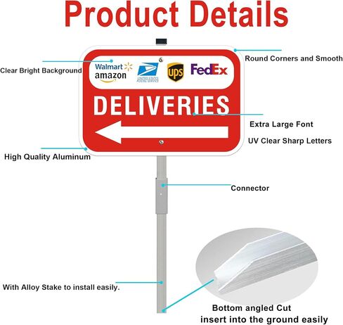 Package Deliveries Sign with Left Direction Arrow, 12x8 Inch Aluminum Metal Sign with 28" Stake, Rust-Free, Outdoor Use, Delivery Instruction for Amazon FedEx USPS UPS Packages in Kuwait