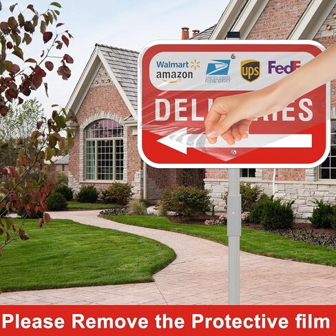 Package Deliveries Sign with Left Direction Arrow, 12x8 Inch Aluminum Metal Sign with 28" Stake, Rust-Free, Outdoor Use, Delivery Instruction for Amazon FedEx USPS UPS Packages in Kuwait
