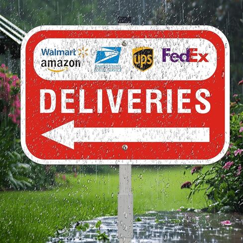 Package Deliveries Sign with Left Direction Arrow, 12x8 Inch Aluminum Metal Sign with 28" Stake, Rust-Free, Outdoor Use, Delivery Instruction for Amazon FedEx USPS UPS Packages in Kuwait