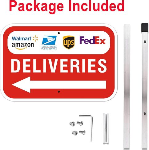 Package Deliveries Sign with Left Direction Arrow, 12x8 Inch Aluminum Metal Sign with 28" Stake, Rust-Free, Outdoor Use, Delivery Instruction for Amazon FedEx USPS UPS Packages in Kuwait