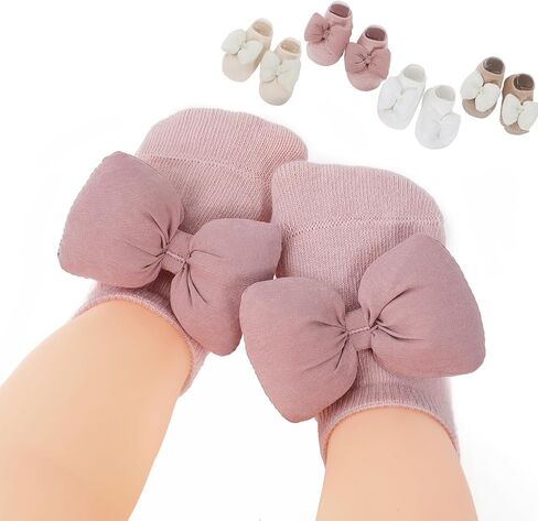 Urban Virgin 4 Pack Baby Girl Non-Slip Socks With Grips Infant Low Cut Ankle Socks Cotton Socks 0-6 Months With Bowknot in Saudi Arabia
