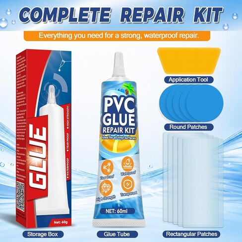 طقم رقعة مرتبة هوائية، طقم إصلاح من الفينيل المقاوم للماء مع غراء PVC | طقم إصلاح رقعة حمام السباحة مع رابطة PVC مرنة ومحكم الإغلاق؛ مقاوم للماء بعد المعالجة، ومقاوم للأشعة فوق البنفسجية والحرارة؛ يقاوم التقشير in Kuwait