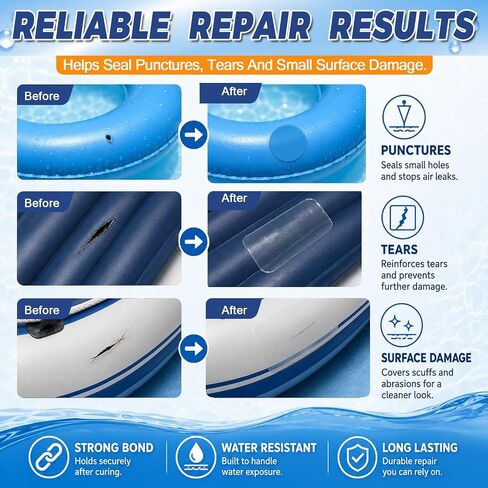 طقم رقعة مرتبة هوائية، طقم إصلاح من الفينيل المقاوم للماء مع غراء PVC | طقم إصلاح رقعة حمام السباحة مع رابطة PVC مرنة ومحكم الإغلاق؛ مقاوم للماء بعد المعالجة، ومقاوم للأشعة فوق البنفسجية والحرارة؛ يقاوم التقشير in Kuwait