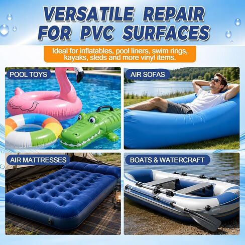 طقم رقعة مرتبة هوائية، طقم إصلاح من الفينيل المقاوم للماء مع غراء PVC | طقم إصلاح رقعة حمام السباحة مع رابطة PVC مرنة ومحكم الإغلاق؛ مقاوم للماء بعد المعالجة، ومقاوم للأشعة فوق البنفسجية والحرارة؛ يقاوم التقشير in Kuwait