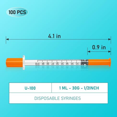Jeringas con agujas para inyectar, 30G 1ml/cc 1/2"(12.7mm) jeringas de insulina, Pack of 100 in Kuwait
