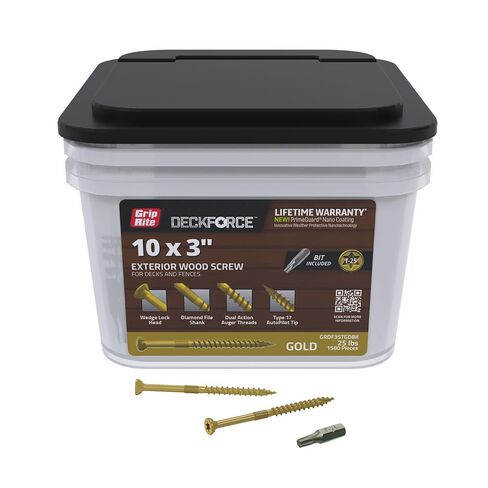 Grip-Rite DeckForce Exterior Wood Screws for Decks and Fences - Nano Coated - T-17 Autopilot Tip - Gold Deck Screws - #10 x 3-25 Lb Box - GRDF3STGDBK in Kuwait