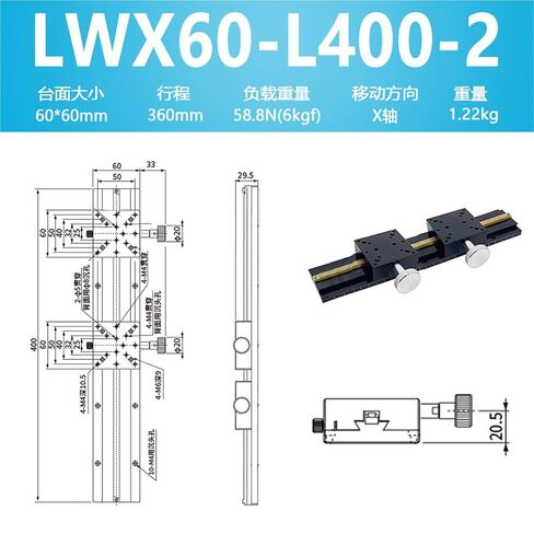 X-axis Sliding Table Manual Dovetail Groove Displacement Platform Lwx25/40/60-L50-500 Long Stroke 1Pcs(LWX40-L400-2 双滑块) in Kuwait