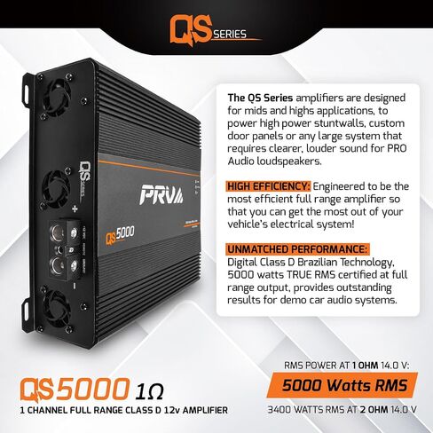 PRV Audio QS5000 1 أوم 5000 واط أمبير مضخم صوت السيارة كامل المدى صوت عالي الدقة 1 قناة 5K أمبير سيارة مع عناصر تحكم HPF وLPF مدمجة لأنظمة الصوت الاحترافية in Kuwait