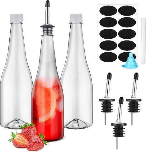 Dandat 6 Set 25 oz Plastic Syrup Bottles Plastic Long Neck Bottles Liquor Bottle Pourers Bar Juice Pour Bottle with Pourers & Caps for Liquor Wine Juice Snowcone Syrup in Kuwait