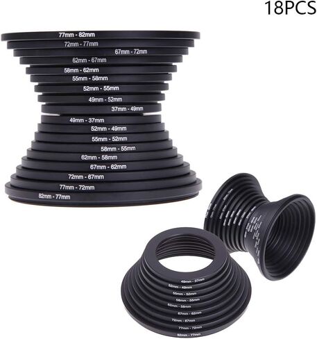 18Pcs Filter Ring Adapter Set, 37-82mm Metal Step Up/Down Rings Lens Adapter Filter Set Compatible with Digital SLR Camera, Camera Lens Filters Metal Stepping Rings Kit (Color:Black) in Saudi Arabia