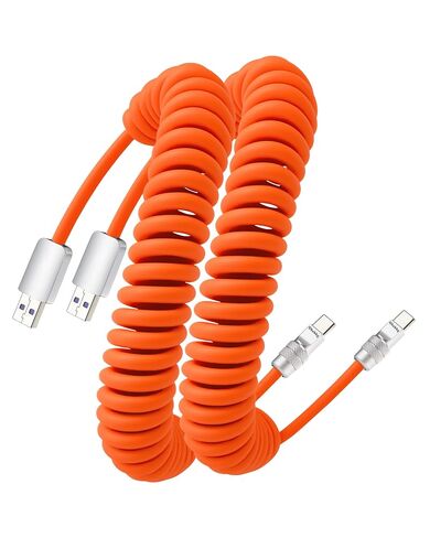 chubbycable Curly Chubby 240W Silicone Coiled USB C Cable 1 Pack [240H Sag-Free] Coiled Fast Charging Cable for Car Retractable Charger Cord for Android Auto & CarPlay Orange, Type-C to Type-C, 6FT in Kuwait
