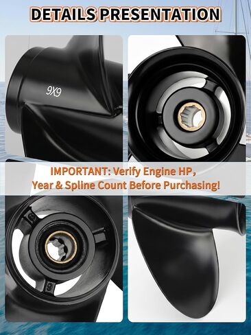 OULEME 48-828156A12 مروحة القارب الألومنيوم، 9 × 9، لمحركات ميركوري الخارجية 6/8/9.9/10/15 HP، 8 أسنان، 3 شفرات، RH in Kuwait