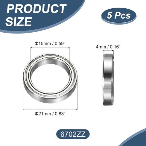 uxcell 5 عبوات 6702ZZ محامل كروية ذات أخدود عميق، 15 × 21 × 4 مم محمل درع مزدوج من الفولاذ الكروم للمحرك الكهربائي، والأجهزة المنزلية، والآلات الصناعية، (ABEC5) in Kuwait