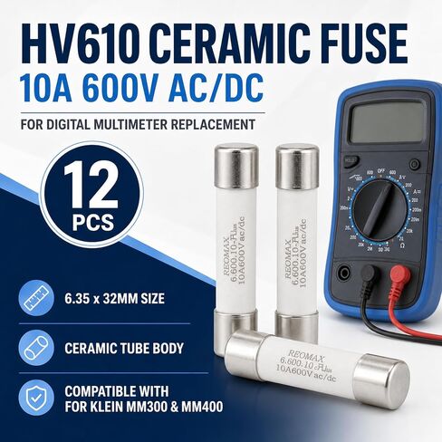 12 قطعة hv610 أنبوب سيراميك 10 أمبير 600 فولت، 6.35 × 32 مم تيار متردد/تيار مستمر FF10A 600 فولت صمام متعدد للمقياس الرقمي المتعدد، بديل متوافق مع كلاين MM300 MM400 in Kuwait