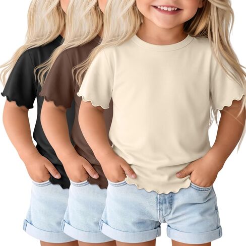 3 Pack Toddler Girl's Short Sleeve Shirts Lettuce Trim Crew Neck T-Shirts Summer Tee Cute Baby Girl Tops in Saudi Arabia