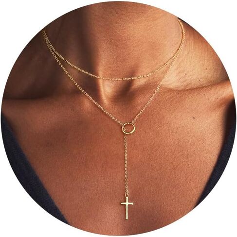 Moodear Chunky Cross Necklace for Women - Trendy 14K Gold Plated/Silver Crucifix Pendant Necklaces Layered Paperclip Chain Snake Herringbone Choker Easter Jewelry Gift in Saudi Arabia