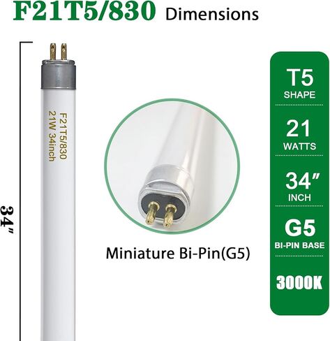 Konideke F21T5 / 830 21 وات 34 بوصة T5 لمبة إضاءة فلورسنت، 3000 كلفن أبيض دافئ، 2100 لومن، عمر 20000 ساعة، قاعدة صغيرة ثنائية الدبوس، 6 عبوات in Kuwait
