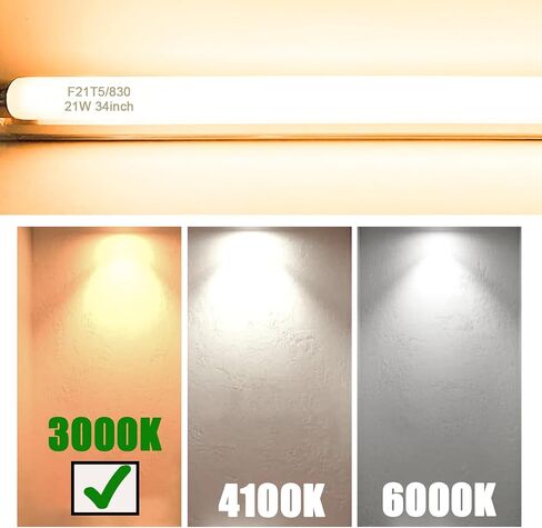 Konideke F21T5 / 830 21 وات 34 بوصة T5 لمبة إضاءة فلورسنت، 3000 كلفن أبيض دافئ، 2100 لومن، عمر 20000 ساعة، قاعدة صغيرة ثنائية الدبوس، 6 عبوات in Kuwait