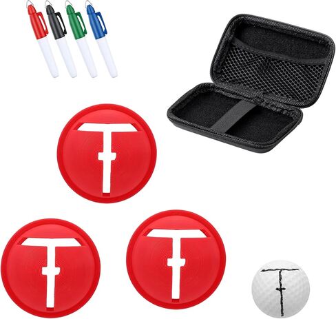 Golf Ball Line Marker Kit with Carry Case, 3D Printed T-Shape Golf Ball Alignment Stencils & 4 Color Markers, Precision Putting Line Drawing Tool for Golfers of All Skill Levels in Saudi Arabia