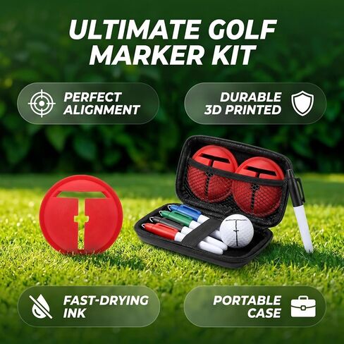Golf Ball Line Marker Kit with Carry Case, 3D Printed T-Shape Golf Ball Alignment Stencils & 4 Color Markers, Precision Putting Line Drawing Tool for Golfers of All Skill Levels in Saudi Arabia