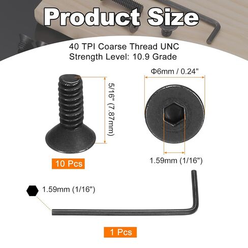 PATIKIL #4-40 x 5/16 Inch Flat Head Socket Cap Screws, 10 Pcs Flat Countersunk Bolts Hex Socket Drive Machine Screws Full Thread Coarse Thread UNC with Hex Spanner Black Oxide Grade 10.9 in Saudi Arabia