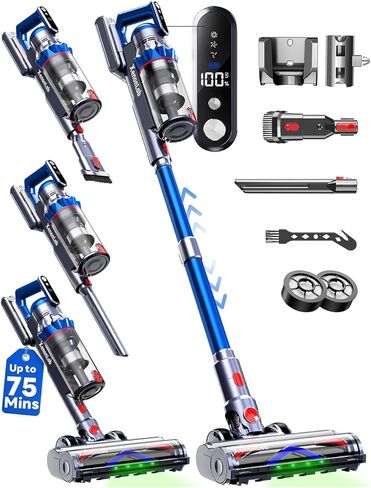 Cordless Vacuum Cleaner, 75Mins/55KPa/650W Freestanding Stick Vacuum Cleaners for Home, Rechargeable, Lightweight, Cone Filtration&Anti-Tangle, for Hard Floor, Carpet, Hardwoods, Pet Hair in Kuwait