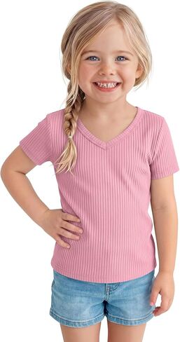 Toddler Girls Shirts Cotton | Short Sleeve, V Neck, Ribbed, Knit, Baby, Slim Fitted, Casual Tops, Summer, Soft, Breathable, Lightweight, 18M-5T in Saudi Arabia