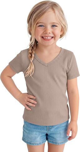 Toddler Girls Shirts Cotton | Short Sleeve, V Neck, Ribbed, Knit, Baby, Slim Fitted, Casual Tops, Summer, Soft, Breathable, Lightweight, 18M-5T in Saudi Arabia
