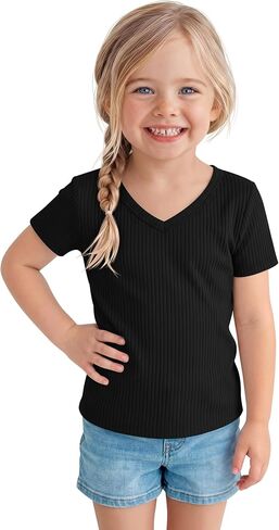 Toddler Girls Shirts Cotton | Short Sleeve, V Neck, Ribbed, Knit, Baby, Slim Fitted, Casual Tops, Summer, Soft, Breathable, Lightweight, 18M-5T in Saudi Arabia