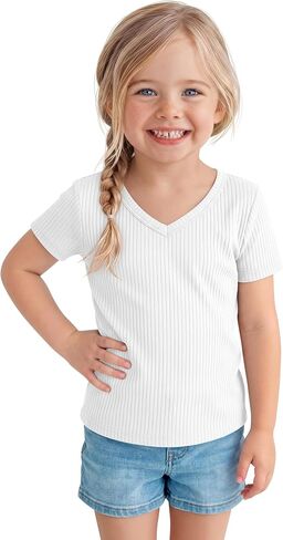 Toddler Girls Shirts Cotton | Short Sleeve, V Neck, Ribbed, Knit, Baby, Slim Fitted, Casual Tops, Summer, Soft, Breathable, Lightweight, 18M-5T in Saudi Arabia