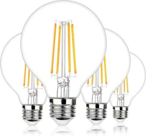 G25 LED Globe Light Bulbs, Dimmable Edison Filament Vanity Light Bulbs, 8W 100W Equivalent, 1200 Lumens Bright, 2700K Soft White, E26 Medium Base Clear Glass for Bathroom Vanity Mirror, 4 Pack in Kuwait