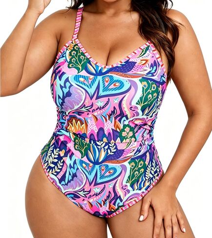 Plus Size One Piece Swimsuit for Women Ruched Tummy Control Bathing Suit Full Coverage V Neck Swimwear for Beach Pool in Kuwait