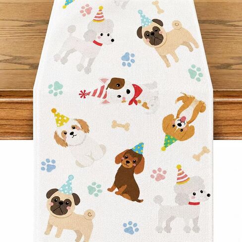 13 x 72 Inch Dog Table Runner, Puppy Dog Themed Birthday Party Table Decor with Cute Dog and Paw Print Pattern for Pet Party Decorations, Puppy Birthday, Dining Table and Kitchen Decor in Kuwait