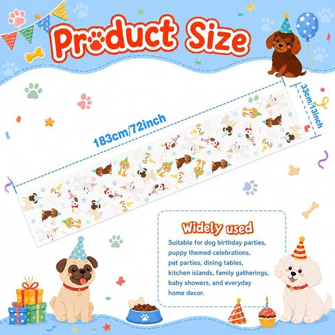 13 x 72 Inch Dog Table Runner, Puppy Dog Themed Birthday Party Table Decor with Cute Dog and Paw Print Pattern for Pet Party Decorations, Puppy Birthday, Dining Table and Kitchen Decor in Kuwait