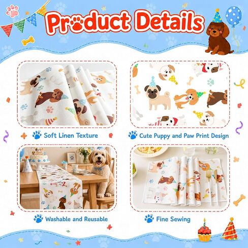 13 x 72 Inch Dog Table Runner, Puppy Dog Themed Birthday Party Table Decor with Cute Dog and Paw Print Pattern for Pet Party Decorations, Puppy Birthday, Dining Table and Kitchen Decor in Kuwait
