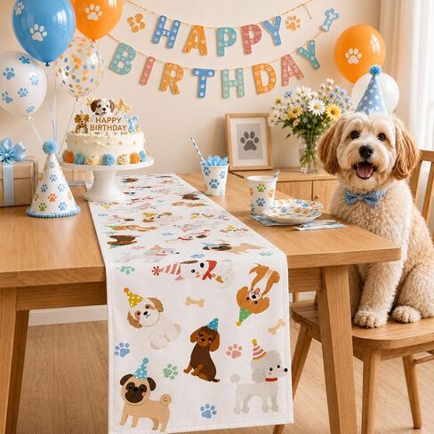 13 x 72 Inch Dog Table Runner, Puppy Dog Themed Birthday Party Table Decor with Cute Dog and Paw Print Pattern for Pet Party Decorations, Puppy Birthday, Dining Table and Kitchen Decor in Kuwait