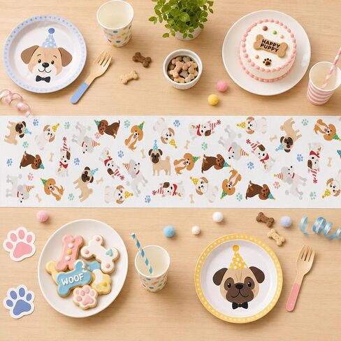 13 x 72 Inch Dog Table Runner, Puppy Dog Themed Birthday Party Table Decor with Cute Dog and Paw Print Pattern for Pet Party Decorations, Puppy Birthday, Dining Table and Kitchen Decor in Kuwait