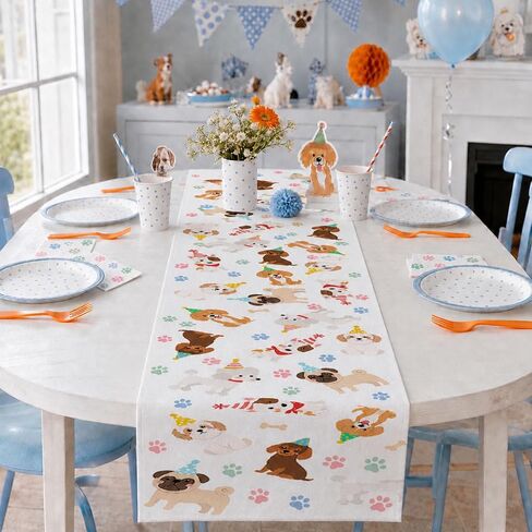 13 x 72 Inch Dog Table Runner, Puppy Dog Themed Birthday Party Table Decor with Cute Dog and Paw Print Pattern for Pet Party Decorations, Puppy Birthday, Dining Table and Kitchen Decor in Kuwait