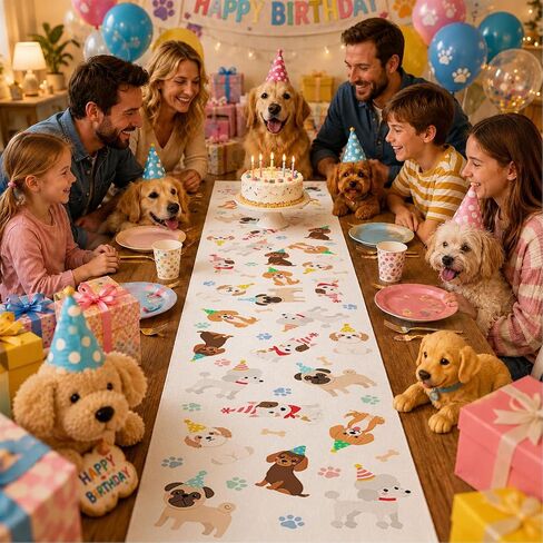 13 x 72 Inch Dog Table Runner, Puppy Dog Themed Birthday Party Table Decor with Cute Dog and Paw Print Pattern for Pet Party Decorations, Puppy Birthday, Dining Table and Kitchen Decor in Kuwait