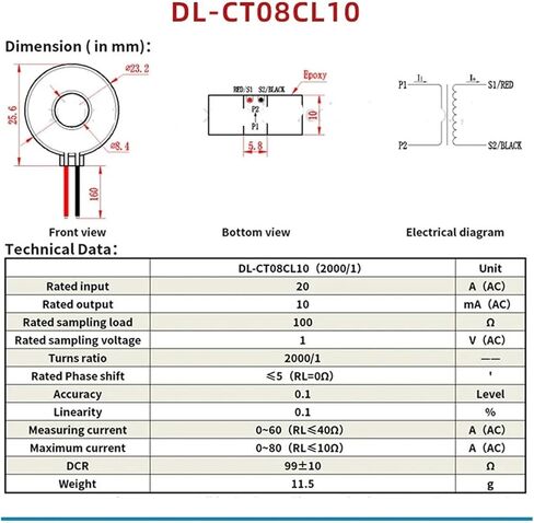 محول الاستشعار الحالي DL-CT08CL10 20A/10mA 2000/1 60a محول تيار صغير حلقية مصغرة in Kuwait